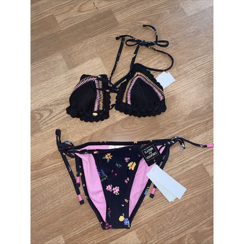 Salt + Cove 2 Piece Crochet Halter Triangle Bikini Set Size L Black Floral New - Picture 2 of 11